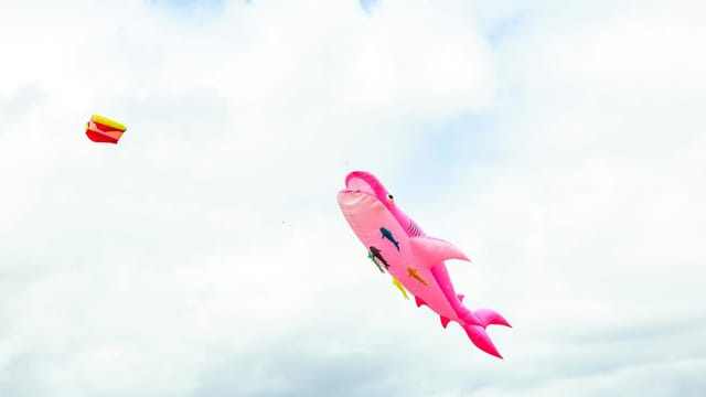 A colorful shark-shaped kite flies high against a cloudy sky, showcasing playful outdoor leisure.