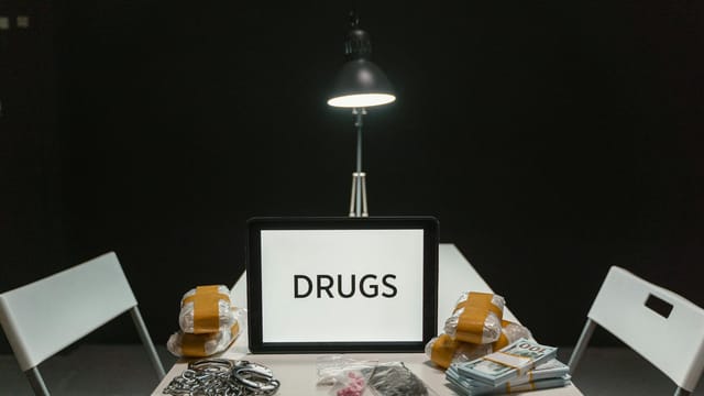A dimly lit room with a sign displaying 'DRUGS' surrounded by money and illegal substances.