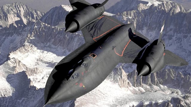 Lockheed SR-71 Blackbird flying over a snowy mountain range, showcasing advanced military aviation.