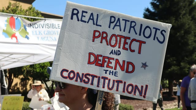 Protesters in Elk Grove advocate for constitutional protection with bold signs.