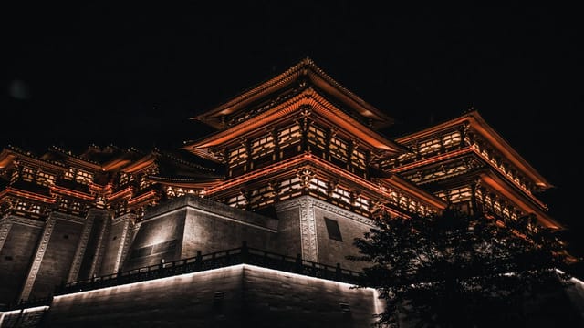 Beautifully illuminated traditional Chinese architecture at night in Luoyang, Henan.