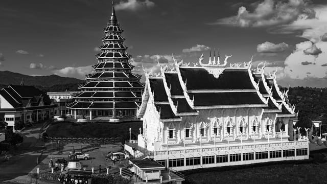 Black and white photo of Wat Huay Pla Kang's Chinese-Lanna style pagoda in Chiang Rai, Thailand.