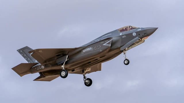 Close-up of a marine F-35 fighter jet landing in Los Llanos, Spain.