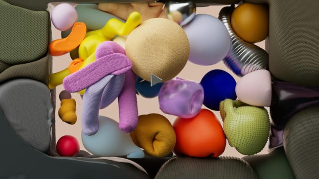 Vibrant 3D rendering of colorful geometric shapes arranged in an abstract layout.