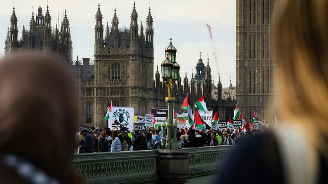 Crowd protesting on Westminster Bridge, London against Gaza conflict, waving Palestinian flags.