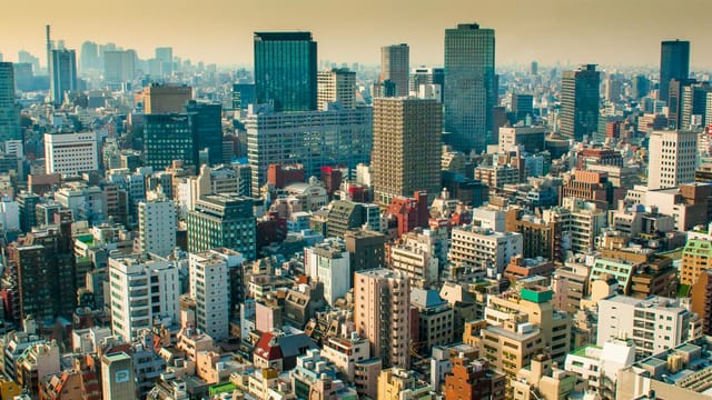 Aerial view of Tokyo skyline with diverse high-rise buildings under a warm daylight.