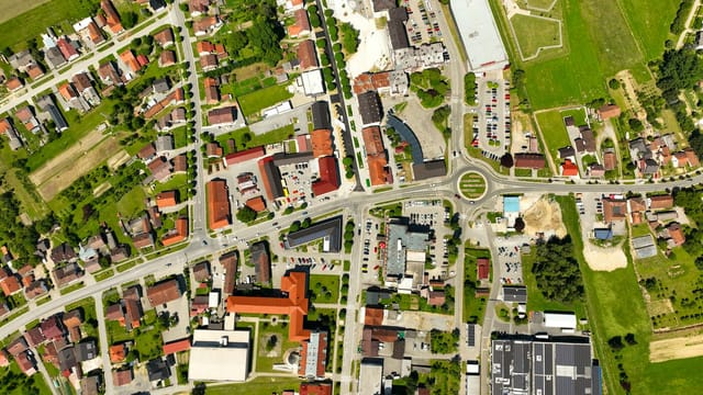Aerial view of Garešnica, showcasing urban layout and greenery in Croatia.