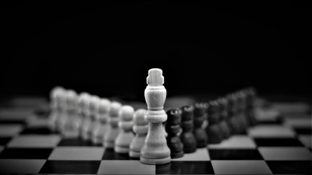 Black and white chess pieces lined up with king in focus, strong contrast.