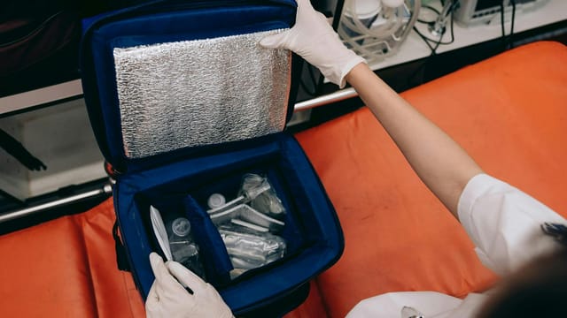 Paramedic utilizing an intubation kit with medical tools in an emergency setting.