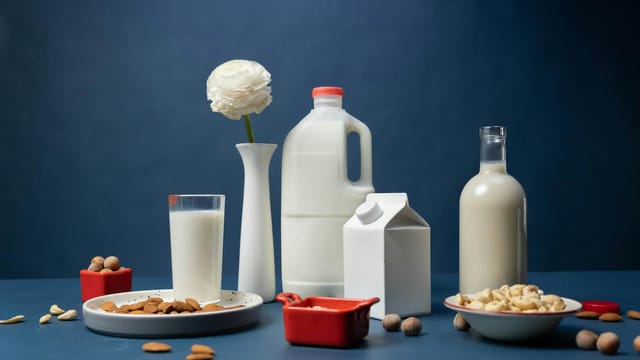 Still life of assorted vegan nut milks with nuts and decorative flower in studio.