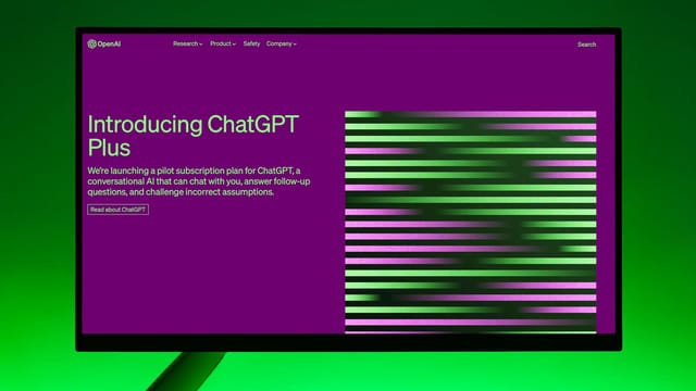 Close-up of a monitor displaying ChatGPT Plus introduction on a green background.