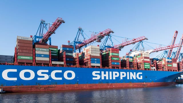 Large cargo ship at Hamburg port with cranes loading containers.