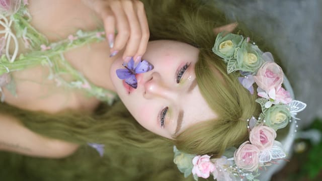 A dreamy fairy with a floral crown holding a purple butterfly, evoking a magical forest vibe.