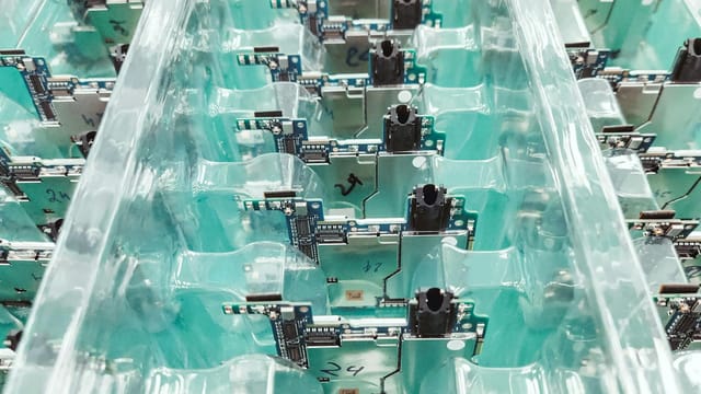Detailed view of organized electronic circuit boards in a production setting.