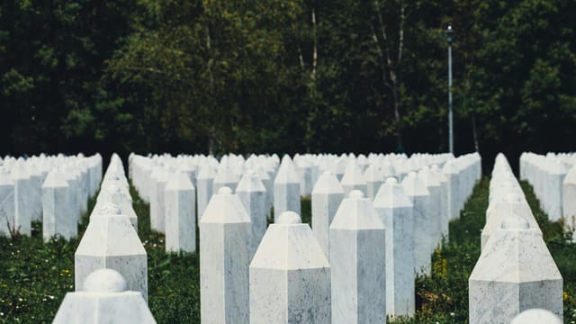 Rows of white marble gravestones in Srebrenica cemetery surrounded by green trees.