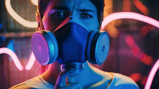 Portrait of a young woman wearing a gas mask, illuminated by neon lights.