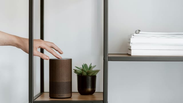 A hand interacts with a smart speaker on a minimalist shelf, featuring a plant and stacked books.