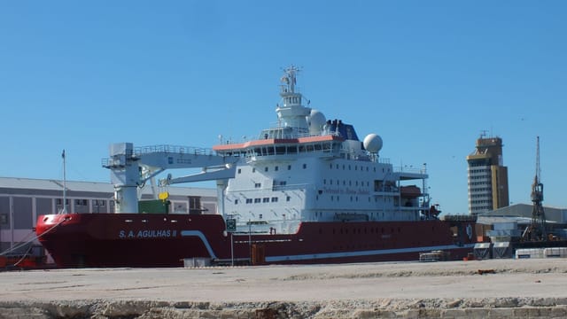 S.A. Agulhas II docked at Cape Town harbor, a key vessel for polar exploration.