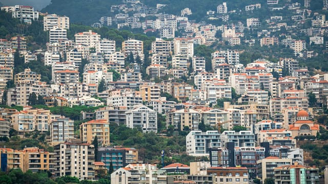 Aerial view showcasing the dense architecture and scenic backdrop of Ghazir, Mount Lebanon.