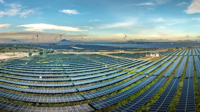 Expansive solar farm with wind turbines in the background under a clear blue sky.