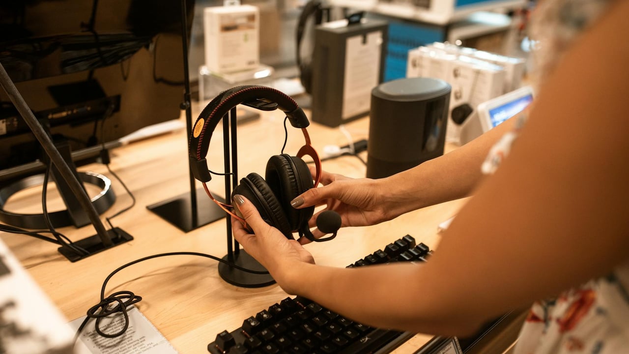 A woman examines headphones in an electronics store, focusing on the audio device's features.