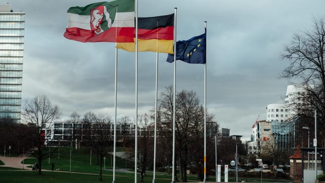 European and national flags in a Düsseldorf public space, showcasing modern architecture.