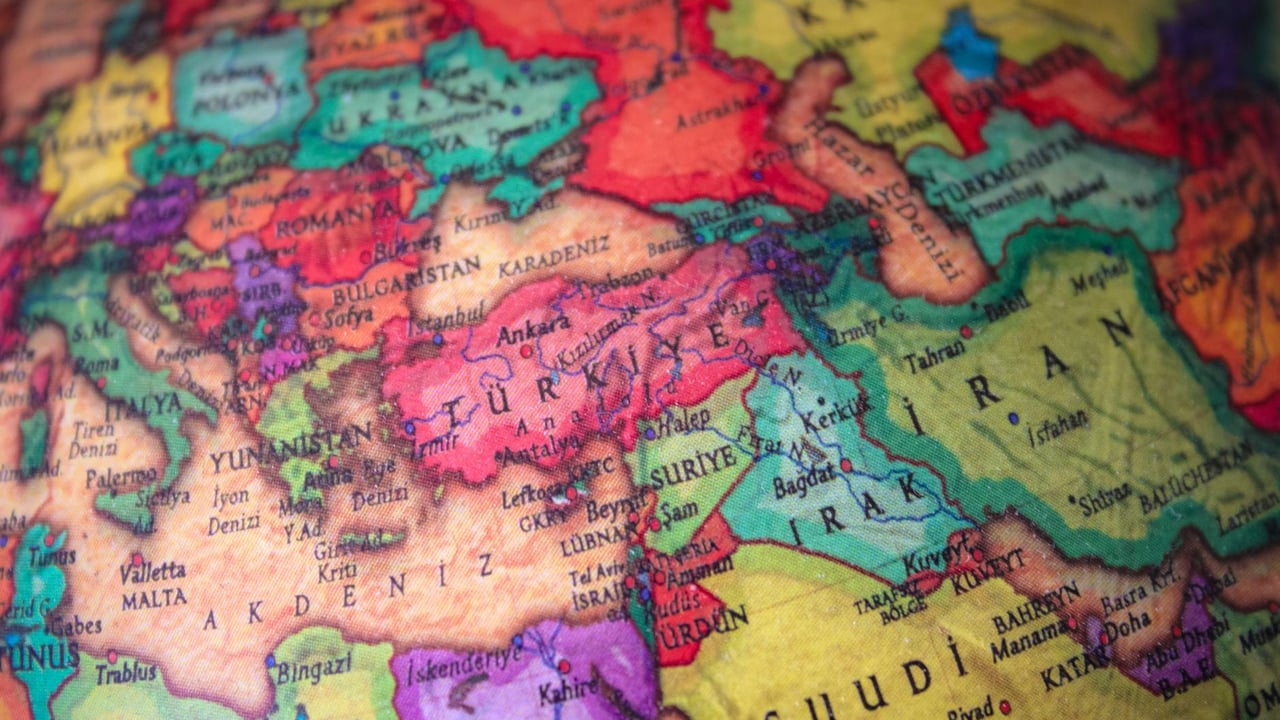 Vibrant map featuring countries in the Middle East and Europe with detailed borders.