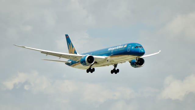 A Vietnam Airlines Boeing 787 flying against a cloudy sky, showcasing aviation and travel.