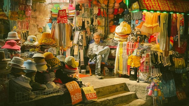 A bustling market stall displays colorful hats and clothing, with an elderly vendor sitting among the goods.