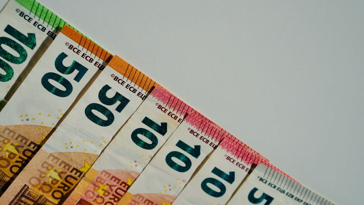 Close-up of various euro banknotes in different values on a plain background.
