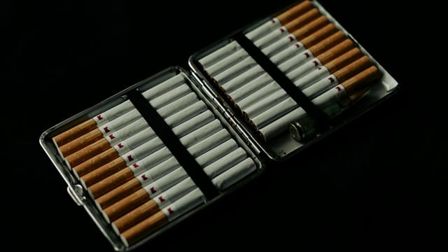 Cigarette case open with several cigarettes inside on a dark background, conveying a moody and dramatic tone.