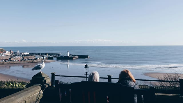 Two people enjoying a peaceful sea view at a seaside town.