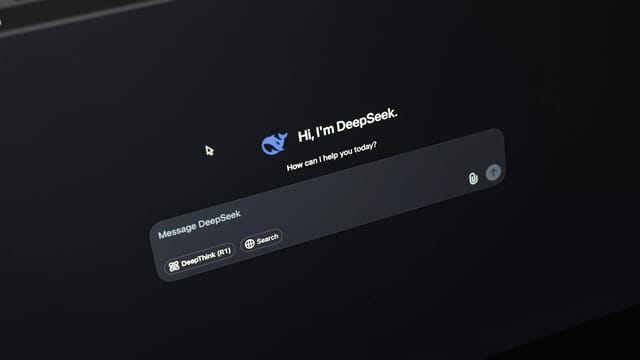 Screen displaying AI chat interface DeepSeek on a dark background.
