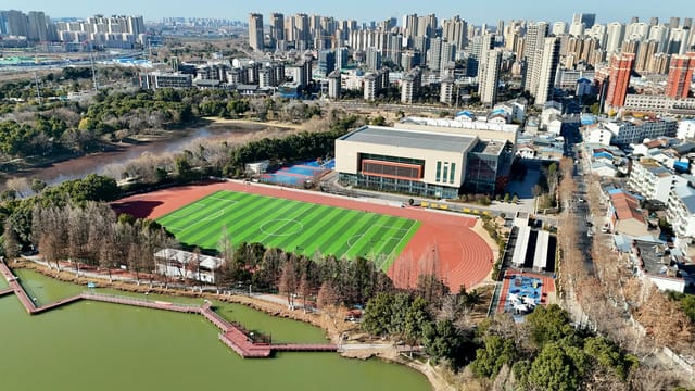 Aerial image of a city park with a sports field and surrounding buildings.