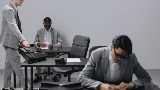 Business office with diverse employees in gray suits working at desks in an indoor setting.
