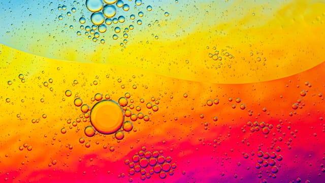 A vibrant abstract macro photo of oil bubbles on a gradient surface, creating a colorful pattern.