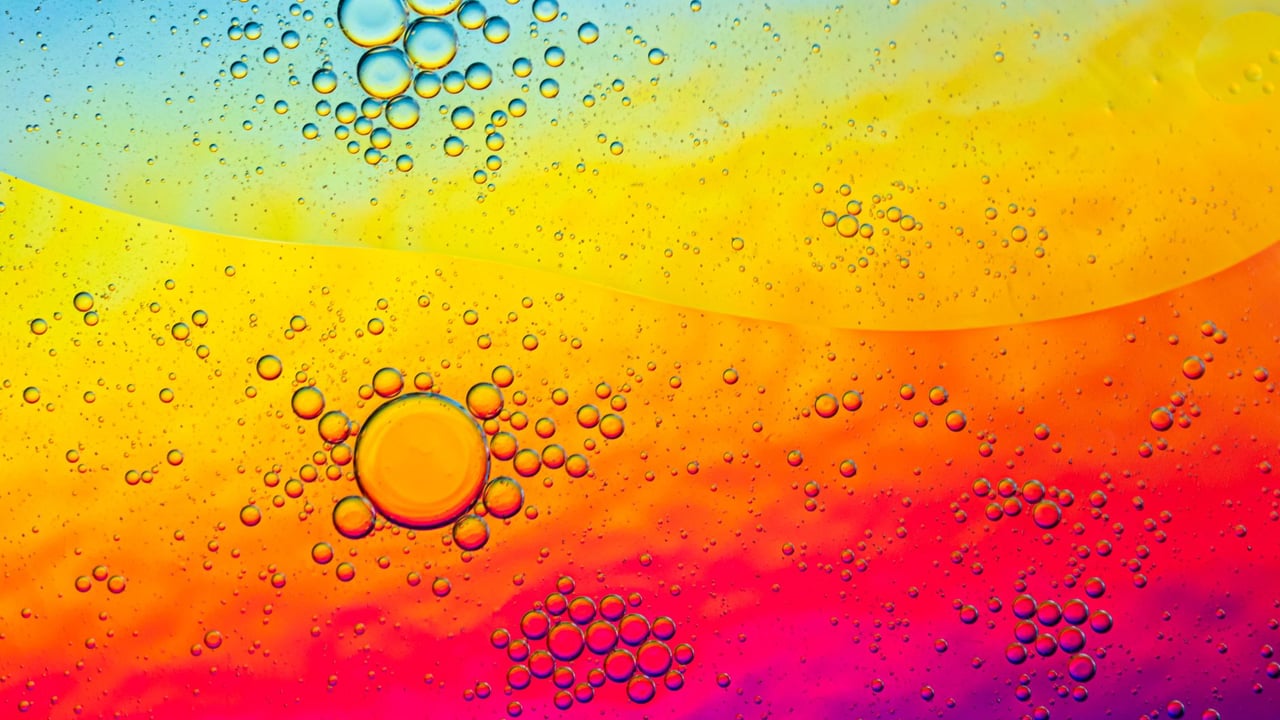 A vibrant abstract macro photo of oil bubbles on a gradient surface, creating a colorful pattern.