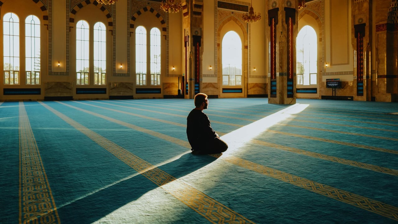 A person in a mosque bathed in sunlight, symbolizing peace and spirituality.