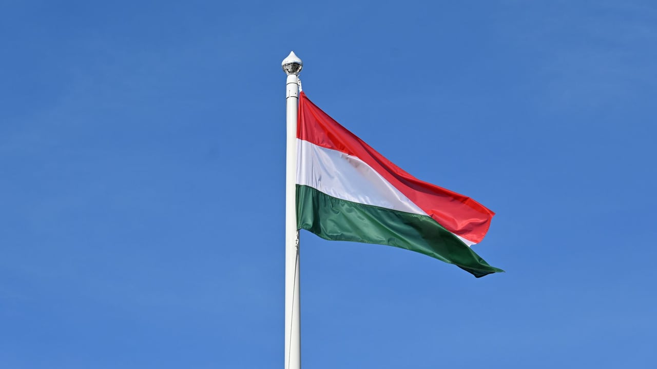 A vibrant Hungarian flag waving in a clear blue sky. Ideal for national pride visuals.