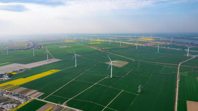 Expansive aerial view of wind turbines across farmland in Jiujiang, China, highlighting sustainable energy.