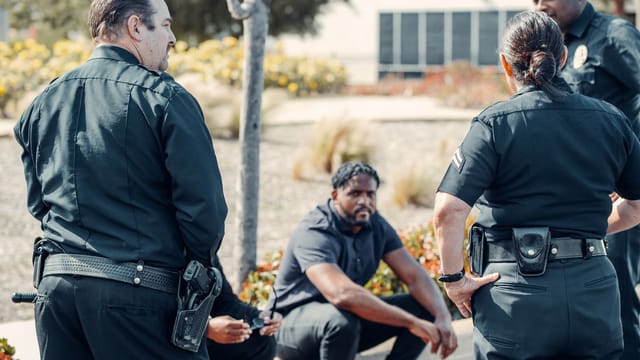 Police officers interacting with a seated individual outdoors during daylight.