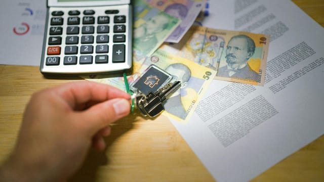 A hand holds keys next to Romanian currency, a calculator, and documents, symbolizing real estate transactions.