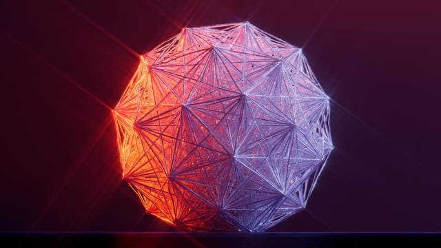 A captivating abstract 3D geometric shape illuminated in red and purple hues against a dark background.