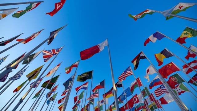 International flags waving against a clear blue sky in Doha, Qatar, symbolizing unity and diversity.