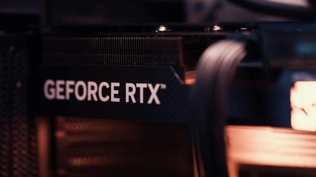 Detailed view of a GeForce RTX graphics card, highlighting modern technology.