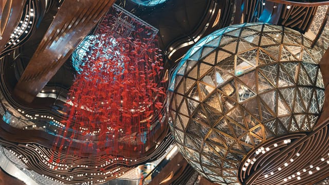 A stunning interior architecture with unique art installation and geometric design at Hong Kong's landmark.