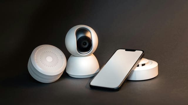 A sleek smartphone with modern smart home devices on a minimalist gray background.