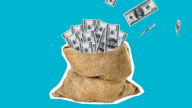 Burlap sack filled with hundred dollar bills against a clean blue background, symbolizing wealth and savings.