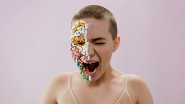 A striking portrait of a young woman with pills arranged on her face, evoking themes of health and medicine.