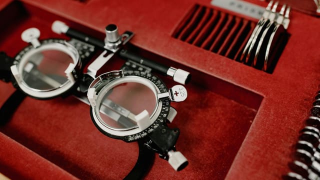 Close-up of an optometry diagnostic tool set in a red case, emphasizing precision.